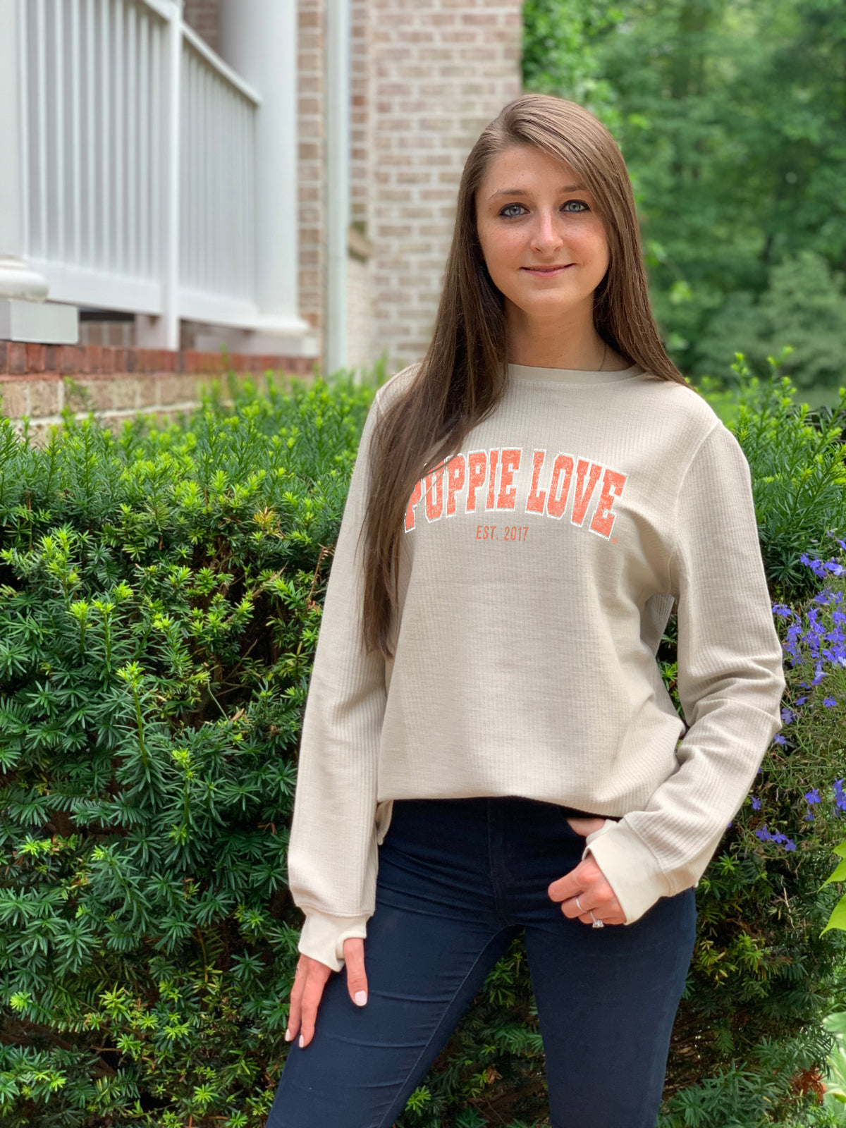 UNIVERSITY FONT CORDUROY CREWNECK SWEATER, OATMEAL - Puppie Love