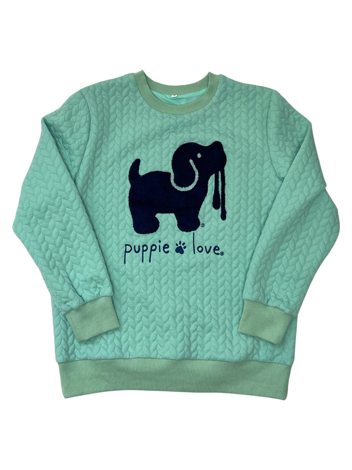 CHENILLE EMBROIDERED SWEATER, CELADON - Puppie Love