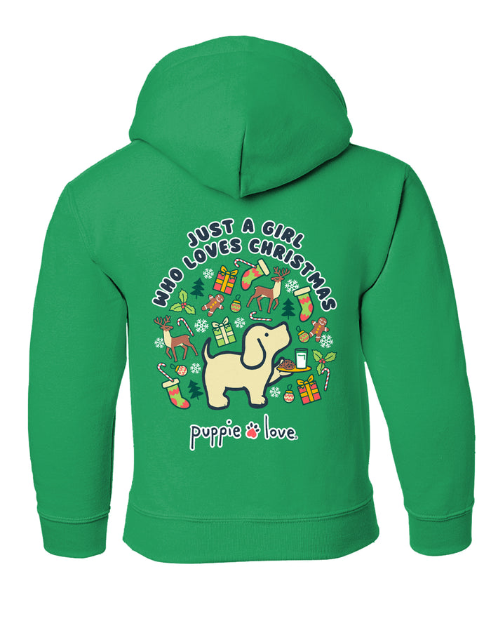 JUST A GIRL (CHRISTMAS) PUP, YOUTH HOODIE PUPPIE LOVE