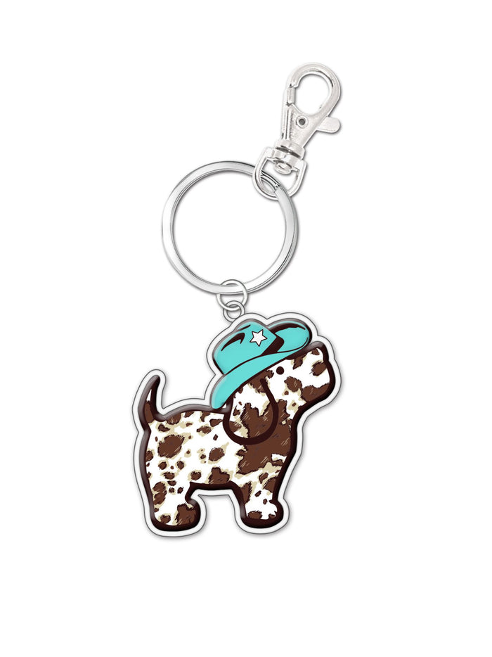 COW PRINT PUP KEY RING, AQUA - Puppie Love