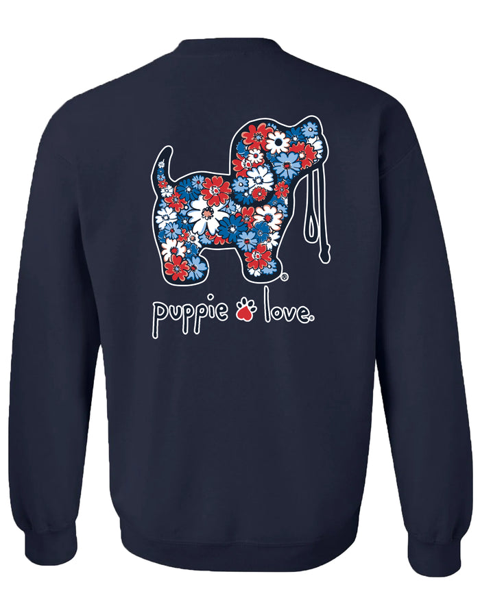 USA FLOWERS PUP, ADULT SWEATSHIRT PUPPIE LOVE
