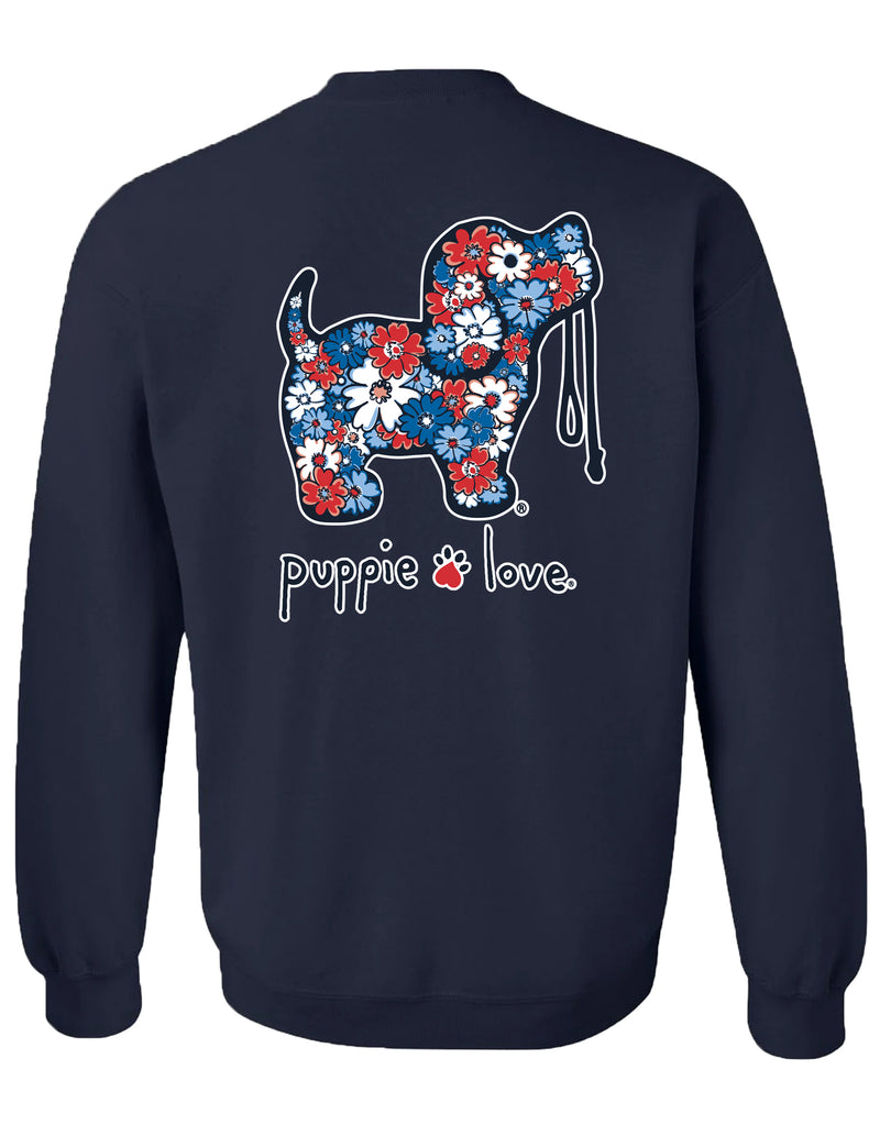 USA FLOWERS PUP, ADULT SWEATSHIRT PUPPIE LOVE