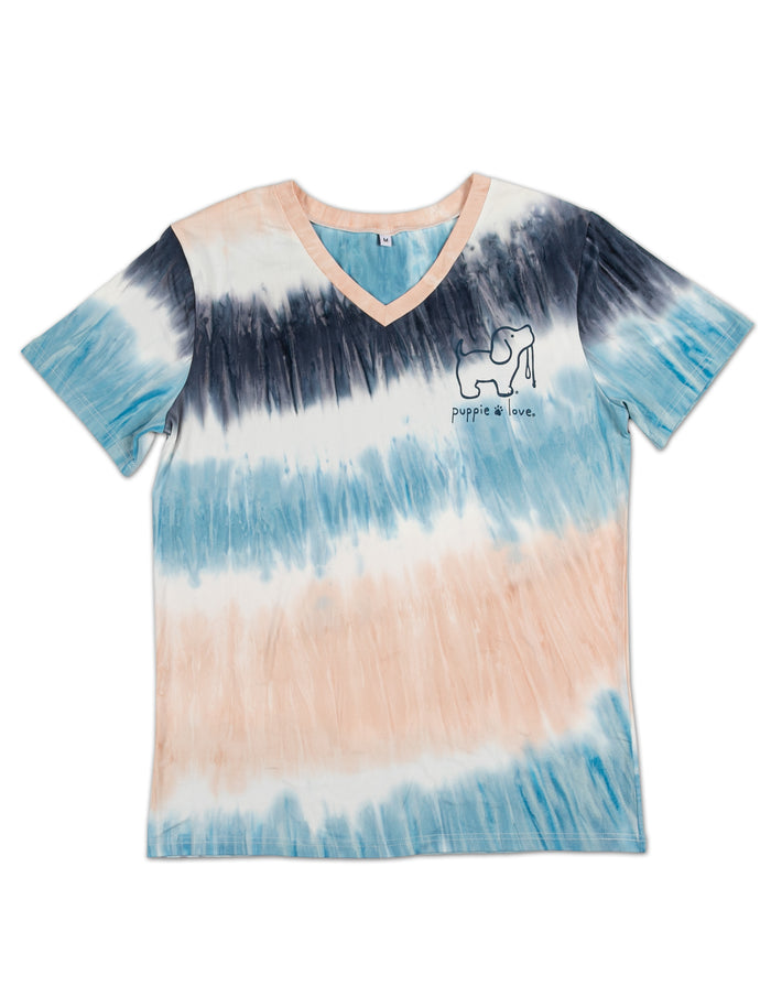 PEACH/BLUE STRIPED TIE DYE LOUNGE V-NECK - Puppie Love