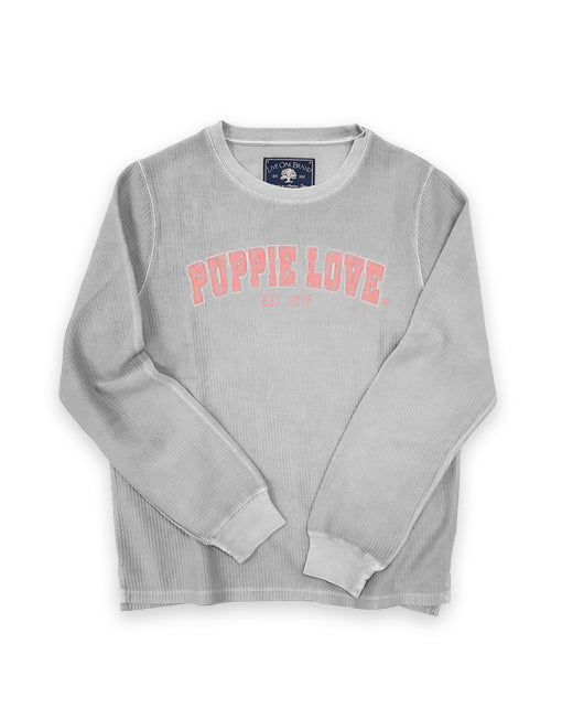 UNIVERSITY FONT CORDUROY CREWNECK SWEATER, PEARL GREY - Puppie Love