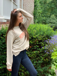 UNIVERSITY FONT CORDUROY CREWNECK SWEATER, OATMEAL - Puppie Love