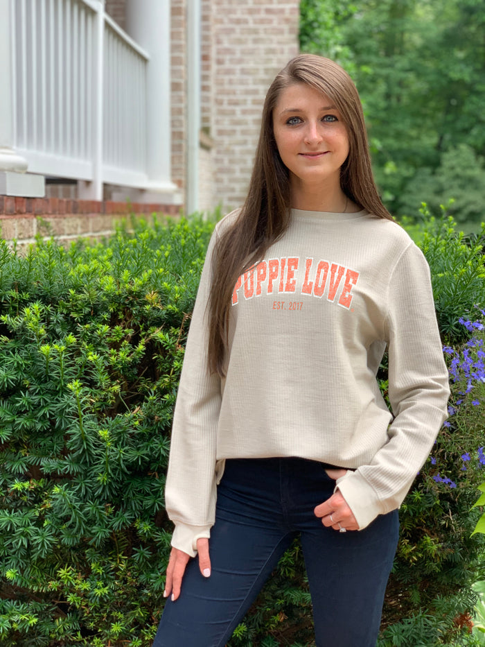 UNIVERSITY FONT CORDUROY CREWNECK SWEATER, OATMEAL - Puppie Love
