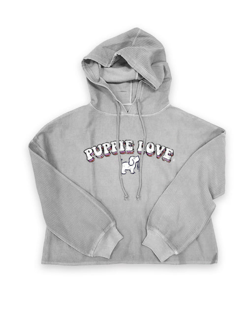 LADIES CORDUROY CROPPED HOODIE, PEARL GREY - Puppie Love