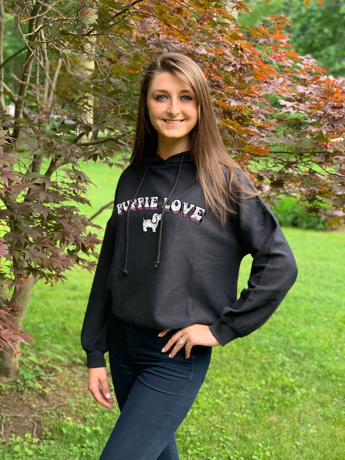 LADIES CORDUROY CROPPED HOODIE, CHARCOAL - Puppie Love