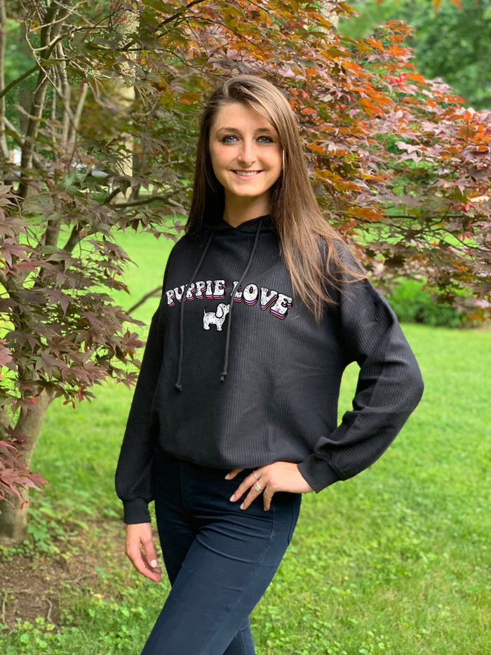 LADIES CORDUROY CROPPED HOODIE, CHARCOAL - Puppie Love